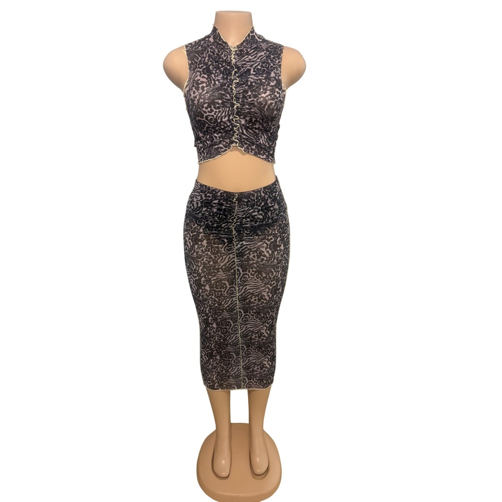 Fashion Nova Womens Grey Leopard Mesh 2 Piece Crop Top and Midi Skirt Set Small